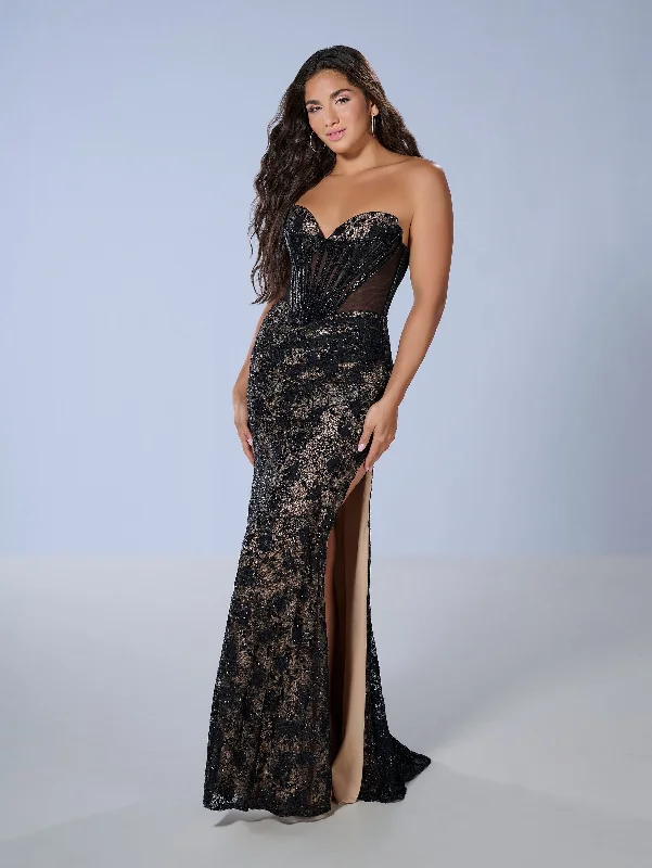 Long Sleeve Lace Evening Dress-Beaded Lace Strapless Slit Gown by Tiffany Designs 16236