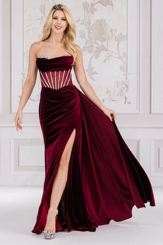 Maternity Strapless Evening Dress-Beaded Strapless Velvet Slit Gown by Amelia Couture 5051