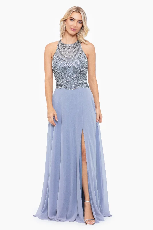 Denim Strapless Maxi Dresses-"Brianne" Long Chiffon Beaded Halter Top