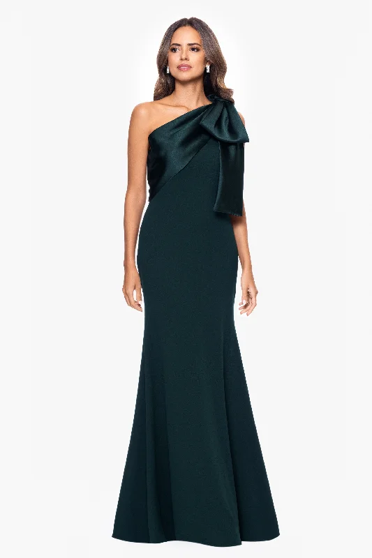 Elegant Wedding Maxi Dresses-"Carmela" Long Scuba Crepe Dress with Satin Bow