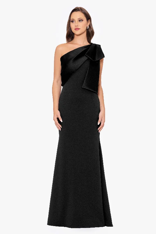 Off Shoulder Party Maxi Dresses-"Carmela" Long Scuba Crepe Dress with Satin Bow