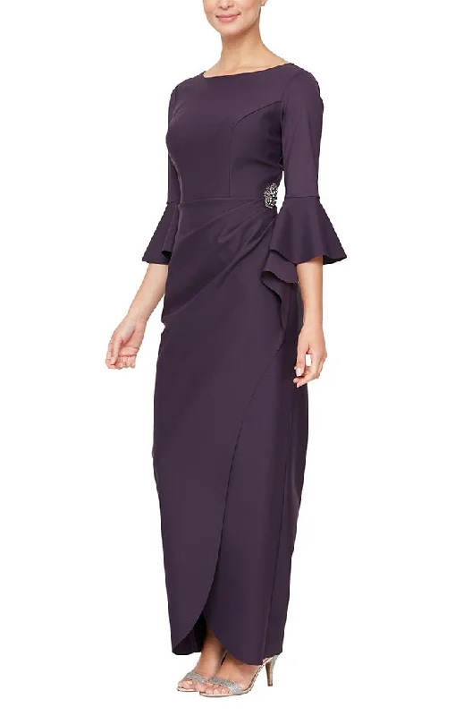 Grey Formal Maxi Dresses-Compression Collection Long Sheath Dress with Bell Sleeves, a Cascade Ruffle Tulip Hem Skirt & Embellishment Detail at Hip