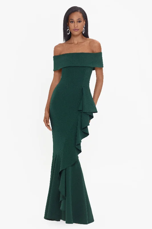 Knit Winter Maxi Dresses-"Carina" Long Off the Shoulder Ruffle Dress