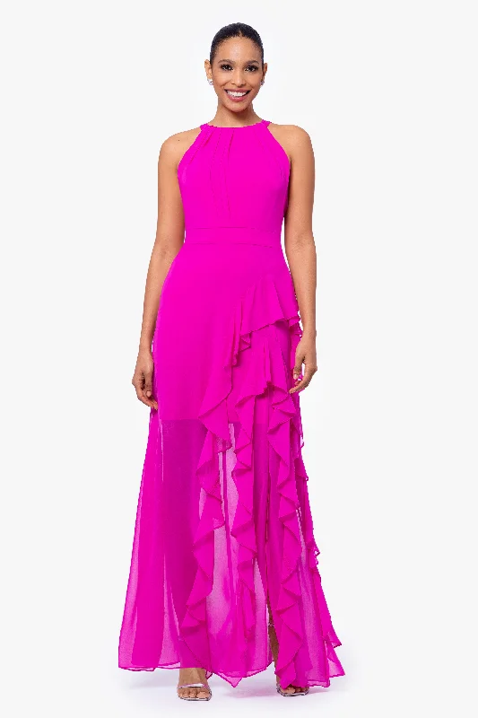 Silk Work Maxi Dresses-"Helen" Long Chiffon Halter Neck Dress