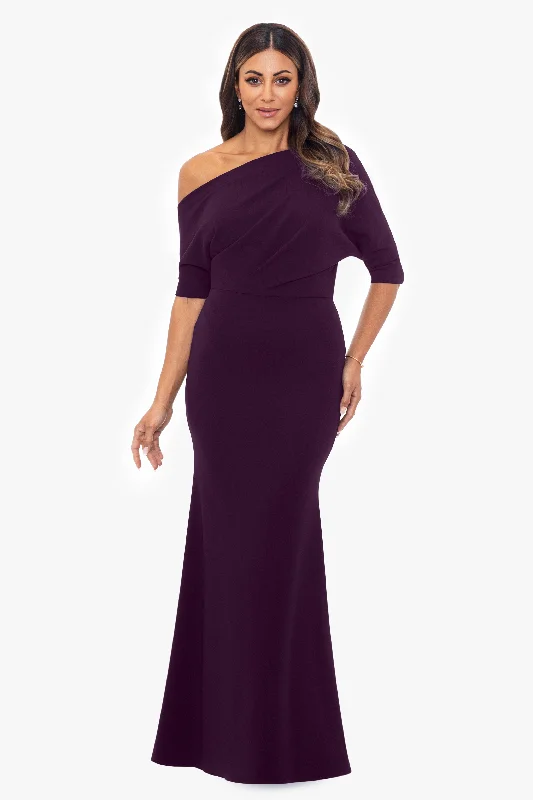 Designer Winter Maxi Dresses-"Madeline" Long Scuba Crepe Off the Shoulder Drop Dress