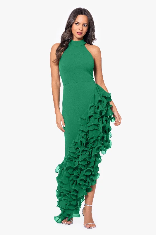 Floral Formal Maxi Dresses-"Mona" Long Ponte Asymmetrical Ruffle Mock Neck Dress