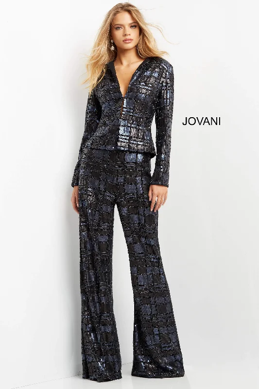 White Satin Evening Dress-Embellished Long Sleeve Pant Suit by Jovani 07166