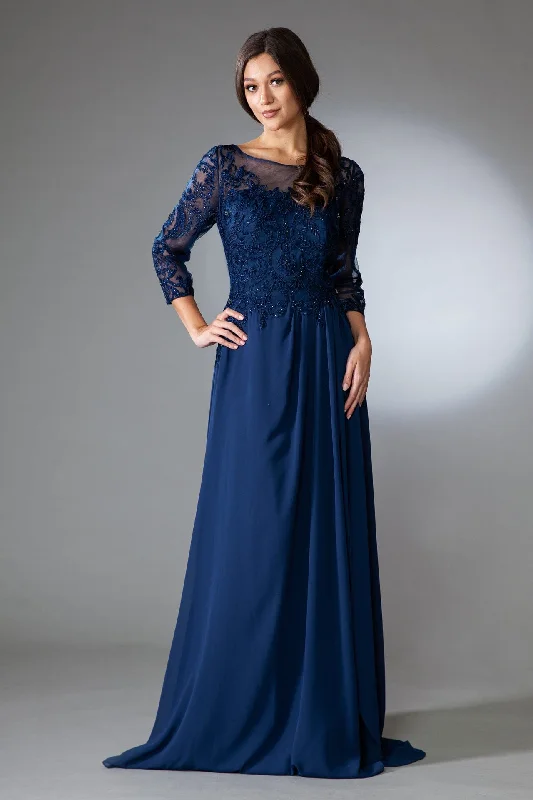 Floral Ruffle Evening Dress-Embroidered 3/4 Sleeve Chiffon Gown by Amelia Couture 7043