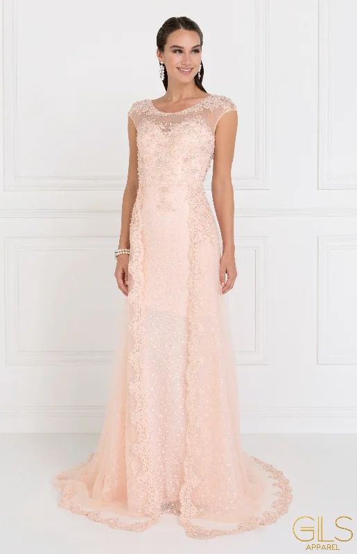 Trendy Long Sleeve Evening Dress-Embroidered Long Blush Cap Sleeve Lace Dress by Elizabeth K GL1539