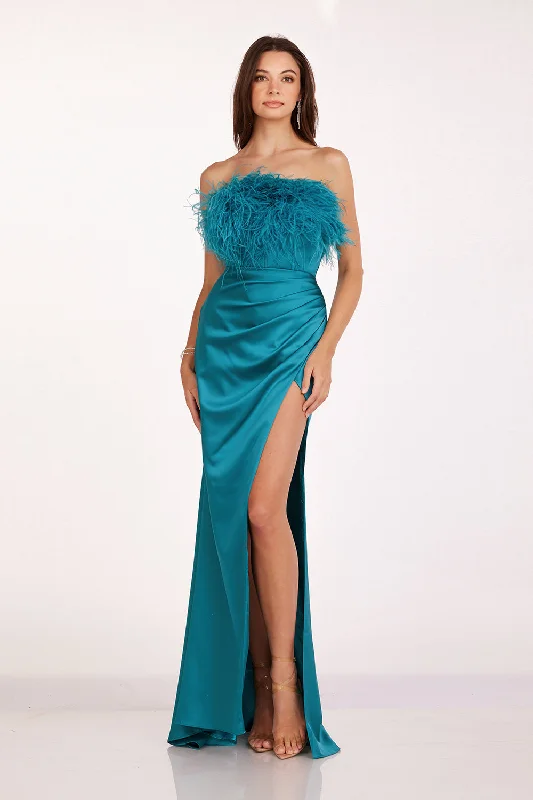 Formal V Neck Evening Dress-Feather Strapless Satin Gown by Abby Paris 90200