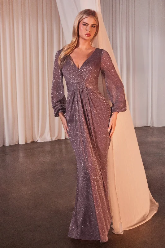 Knit Evening Dress-Fitted Long Sleeve Metallic Gown by Ladivine CK2141