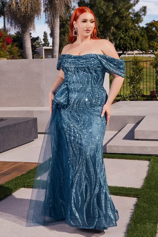 Silver Elegant Evening Dress-Fitted Off Shoulder Glitter Print Gown by Ladivine J849