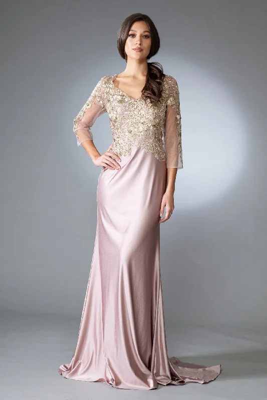 Sequin Boho Evening Dress-Floral Applique 3/4 Sleeve Gown by Amelia Couture 7039