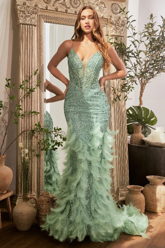 Sequin Ruffle Evening Dress-Glitter Sleeveless Feather Mermaid Dress by Ladivine CC1608