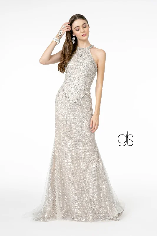 V Neck Sequin Evening Dress-Jeweled High-Neck Glitter Trumpet Dress by Elizabeth K GL1841