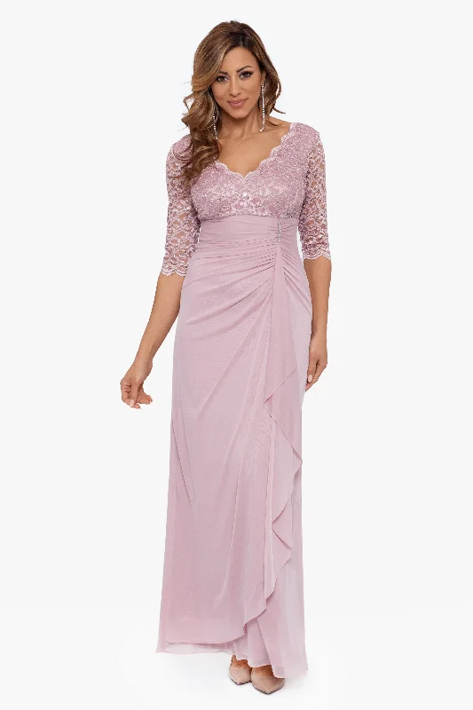 Pink Party Maxi Dresses-"Johanna" 3/4 Sleeve Sheer Matte Jersey Long Dress