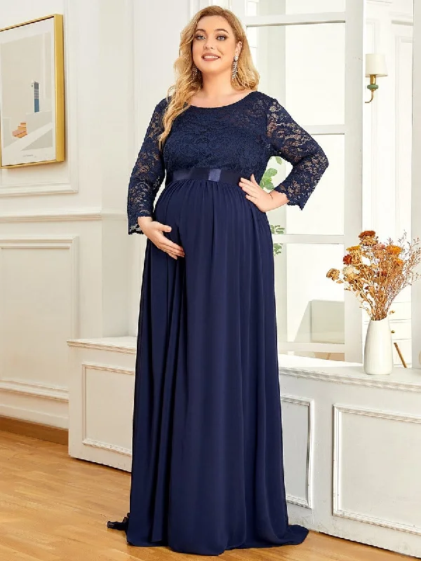 Chiffon Vintage Maxi Dresses-Plus Size Long Lace Sleeve Maternity Formal Dresses