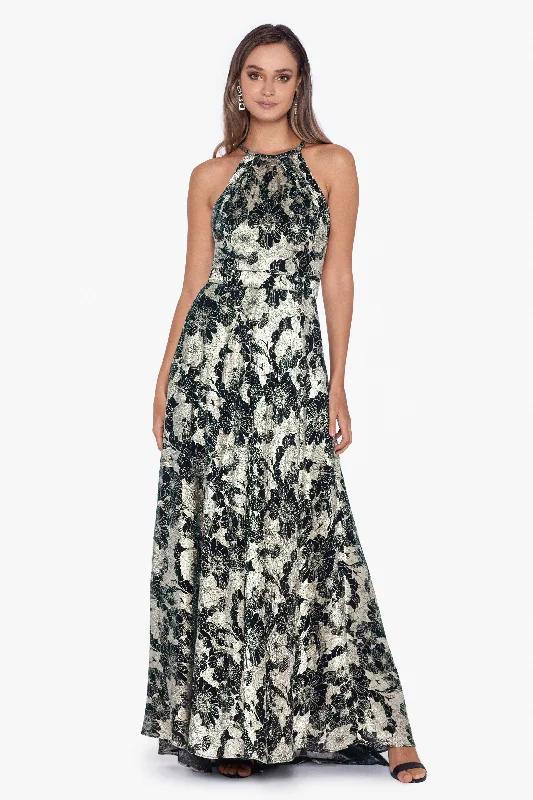 Designer Green Maxi Dresses-"Layla" Long Halter Top Wrap Foil Print Dress