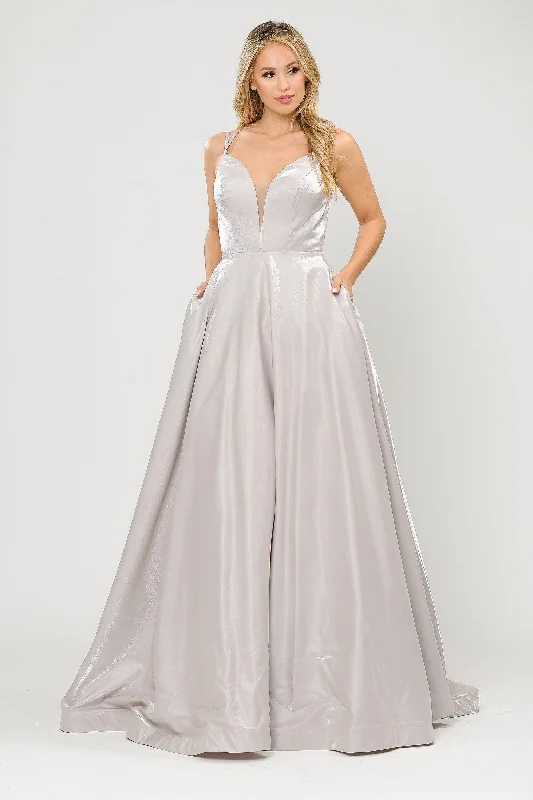 Boho Sexy Evening Dress-Long A-line Satin Dress with Illusion V-Neckline by Poly USA 8644