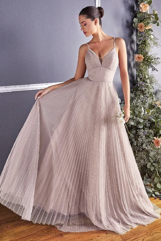 Satin High Neck Evening Dress-Long Pleated Tulle Dress by Cinderella Divine CD184