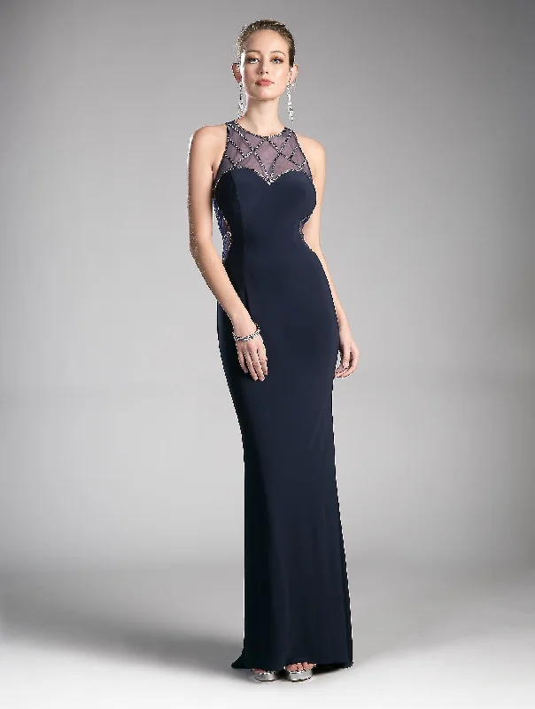 Petite Midi Evening Dress-Beaded Long Illusion Fitted Dress by Cinderella Divine CD0116