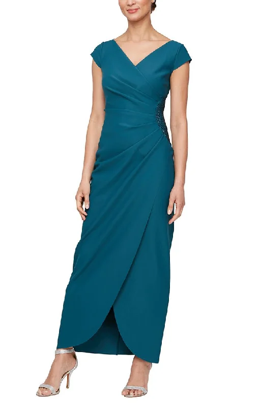 Blue Club Maxi Dresses-Long Cap Sleeve Compression Sheath Dress with Surplice Neckline and Hip Detail