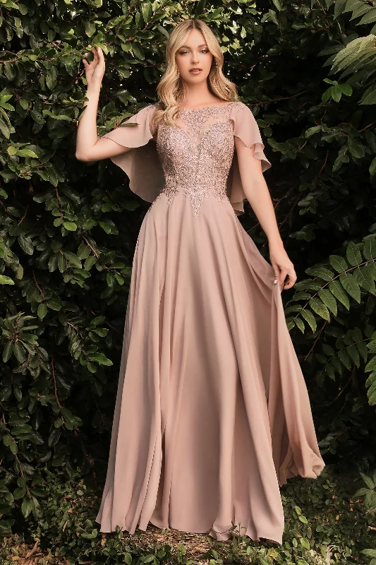 Silk Green Evening Dress-Long Chiffon Capelet Dress by Cinderella Divine HT101