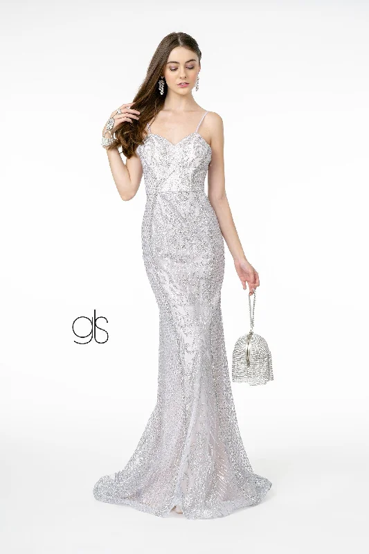 Backless Midi Evening Dress-Long Glitter Mesh Mermaid Dress by Elizabeth K GL2936