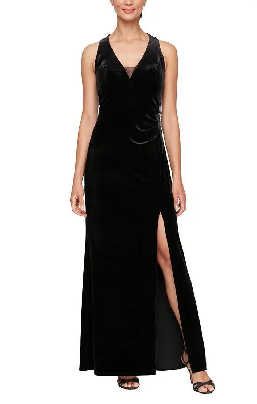 Polka Dot Formal Maxi Dresses-Long Halter Neck Velvet Dress with Illusion Inset Neckline, Beaded Hip & Front Slit