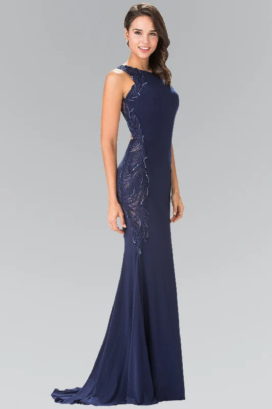 Trendy High Neck Evening Dress-Long Open Back Dress with Side Embroidery by Elizabeth K GL2222