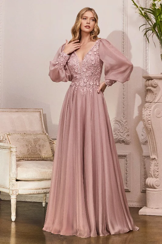 Sequin Pink Evening Dress-Long Sleeve Chiffon Gown by Cinderella Divine CD0183