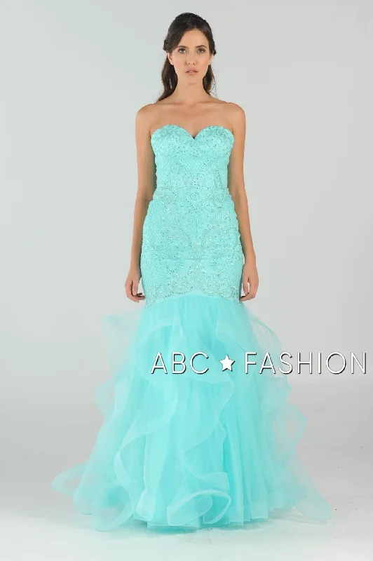 Petite Midi Evening Dress-Long Strapless Mermaid Dress with Ruffled Skirt by Poly USA 8198