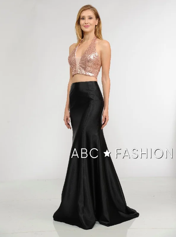 Silver Sleeveless Evening Dress-Long Two-Piece Dress with Sequin Crop Top by Poly USA 8294