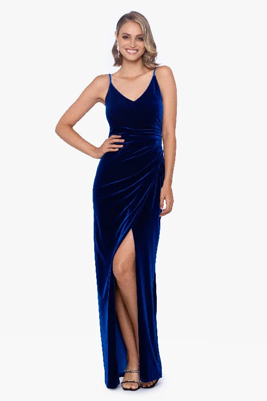 Women Formal Maxi Dresses-"Maritza" Long Velvet Spaghetti Strap Dress