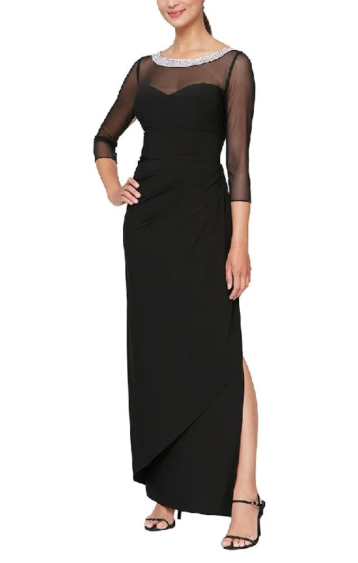 Sequin Beach Maxi Dresses-Long Matte Jersey Illusion 3/4 Sleeve Side Ruched Dress with Embellished Neckline