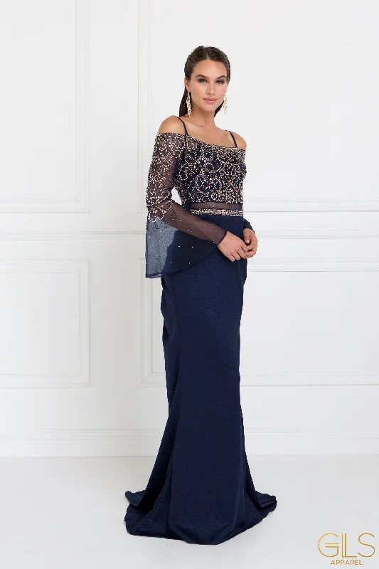 Polka Dot V Neck Evening Dress-Navy Blue Long Beaded Cold Shoulder Dress by Elizabeth K GL1500