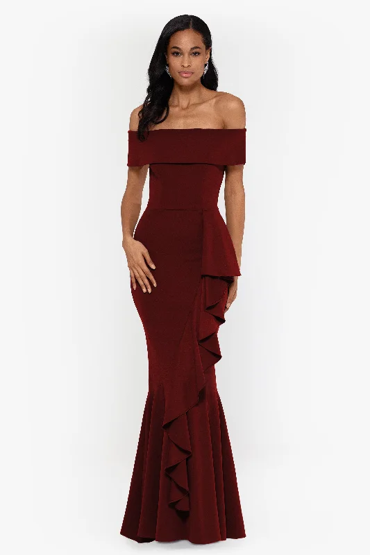 Chiffon Club Maxi Dresses-Petite "Carina" Long Off the Shoulder Ruffle Dress