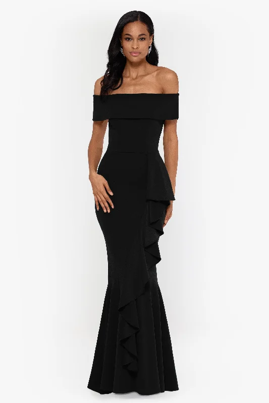 Halter Date Maxi Dresses-Petite "Carina" Long Off the Shoulder Ruffle Dress