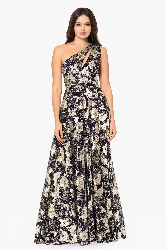 Party Lace Maxi Dresses-Petite "Gwen" Long One Shoulder Wrap Foil Flower Dress