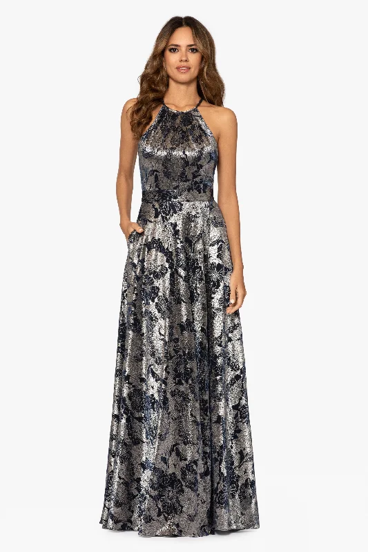 Long Sleeve Maxi Dresses-Petite "Layla" Long Halter Top Wrap Foil Print Dress