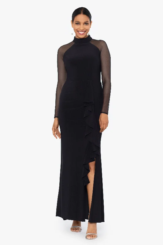 Formal Satin Maxi Dresses-Petite "Natalie" Long Mock Neck Mesh Sleeve Dress