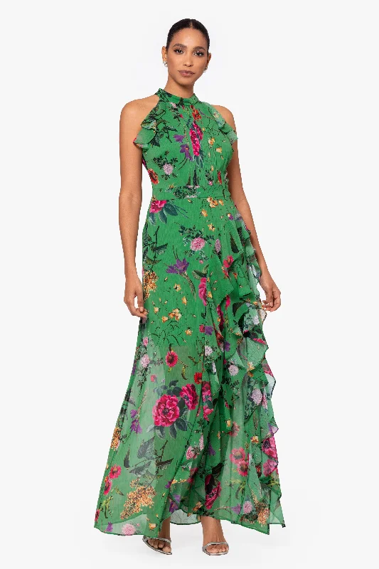 Work Maxi Dresses-Petite "Sandy" Long Chiffon Floral Ruffle Dress