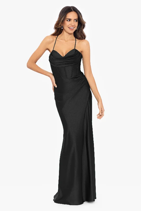 High Neck Party Maxi Dresses-Petite "Talia" Long Sateen Corset Lace Up Back Dress