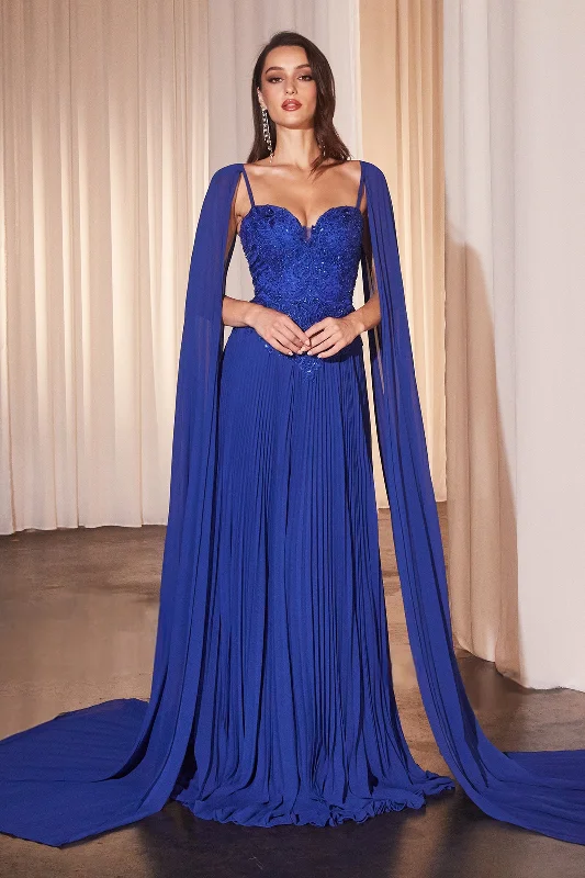 Women Gold Evening Dress-Pleated Cape Sleeve A-line Gown by Ladivine CJ937