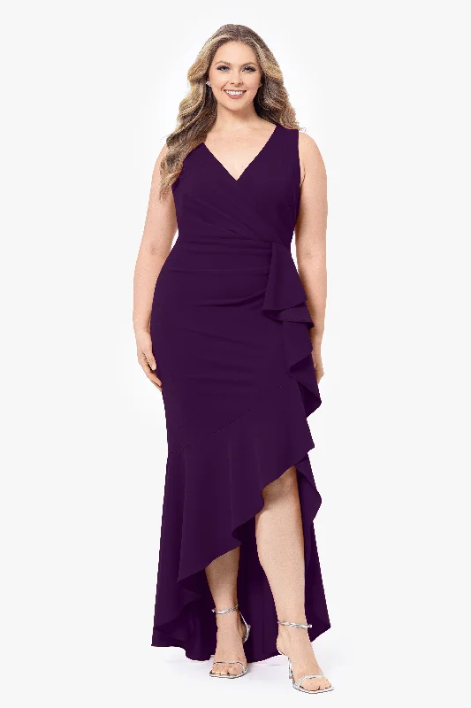 Strapless Formal Maxi Dresses-Plus "Candace" Long V- Neck Hi Low Cascade Dress