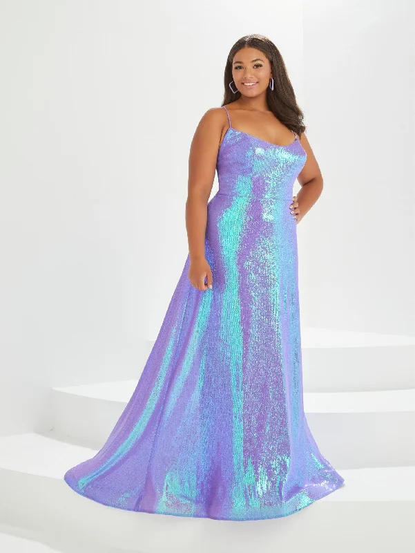 Long Green Evening Dress-Plus Size Iridescent Sequin Gown by Tiffany Designs 16043