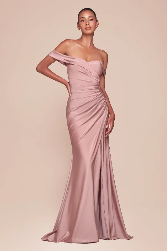 Silk Pink Evening Dress-Satin Fitted Off Shoulder Slit Gown by Ladivine CD790 - Outlet