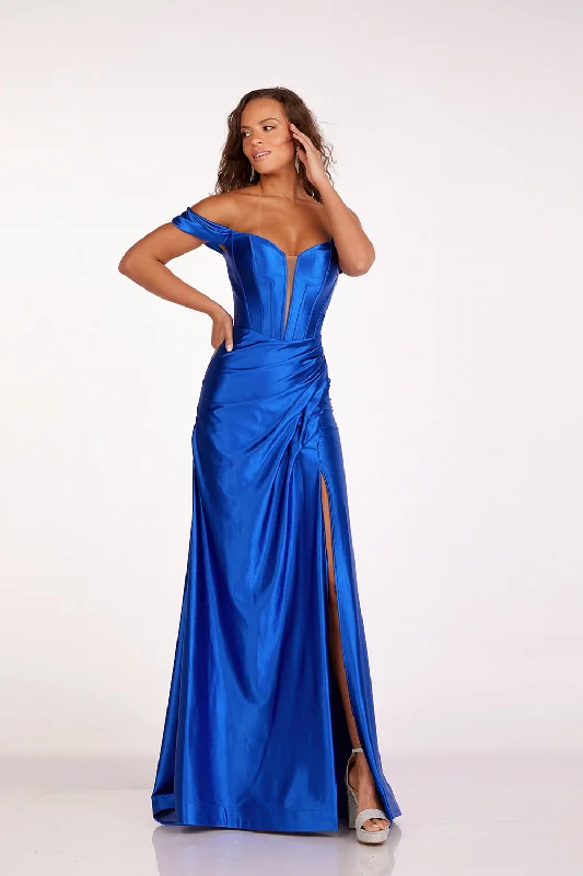 Blue Evening Dress-Satin Off Shoulder Slit Gown by Abby Paris 90216