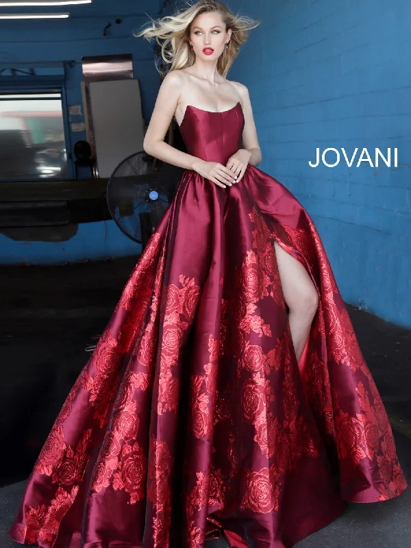 Red Evening Dress-Satin Strapless A-line Slit Gown by Jovani 02038