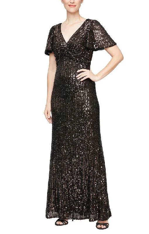 Black Vintage Maxi Dresses-Long Sequin Dress with Twist Detail & Flutter Sleeves